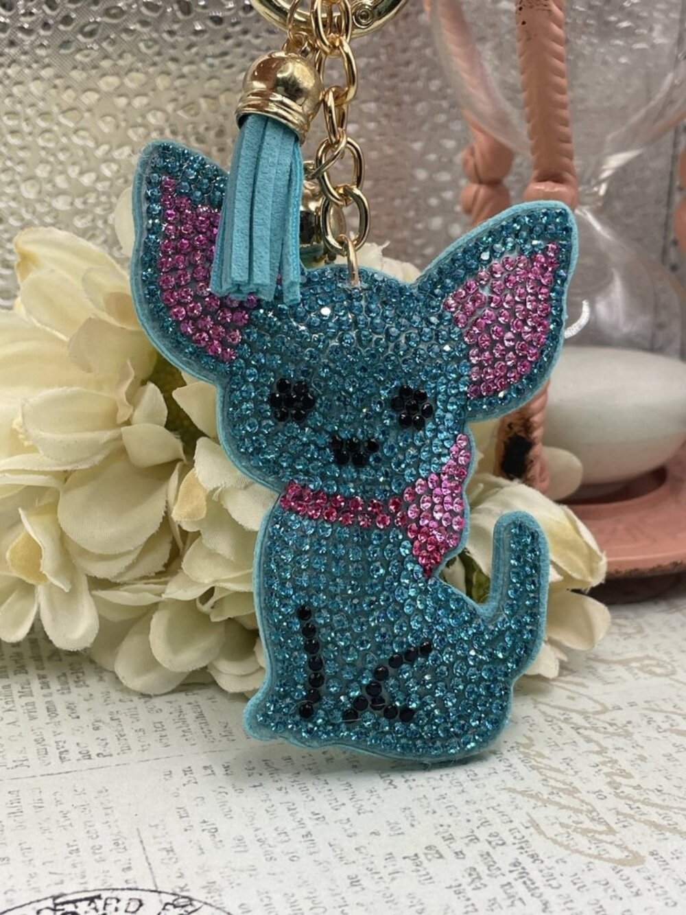 Bling Blue Dog Sparkling Rhinestone Chihuahua Keychain Gold Purse charm Gift